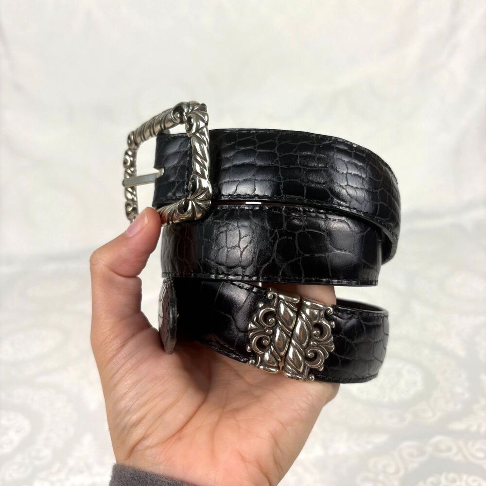 Brighton Leather Belt Silver Black Brown Crocodile Western Embossed Boho M/30
